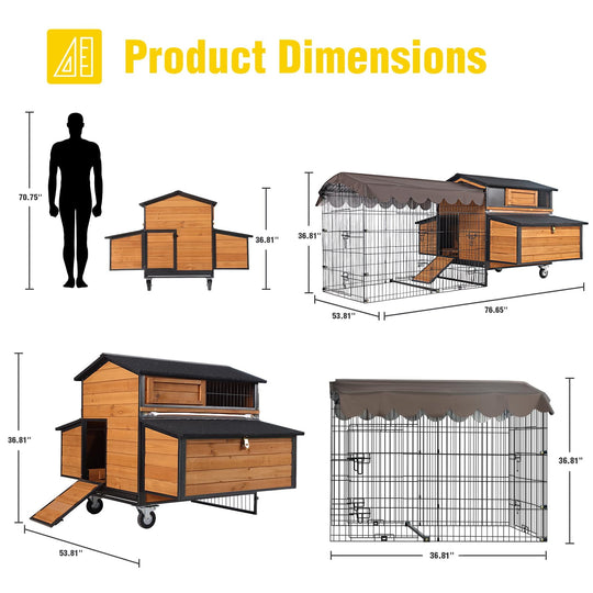 MEDEHOO Extra Large Mobile Chicken Coop with Run, Portable Chicken Tractor with Wheels, Hen House Poultry Cage with All-Around Iron Frame, Metal Sliding Tray, 6 Nesting Boxes for 6-10 Chickens