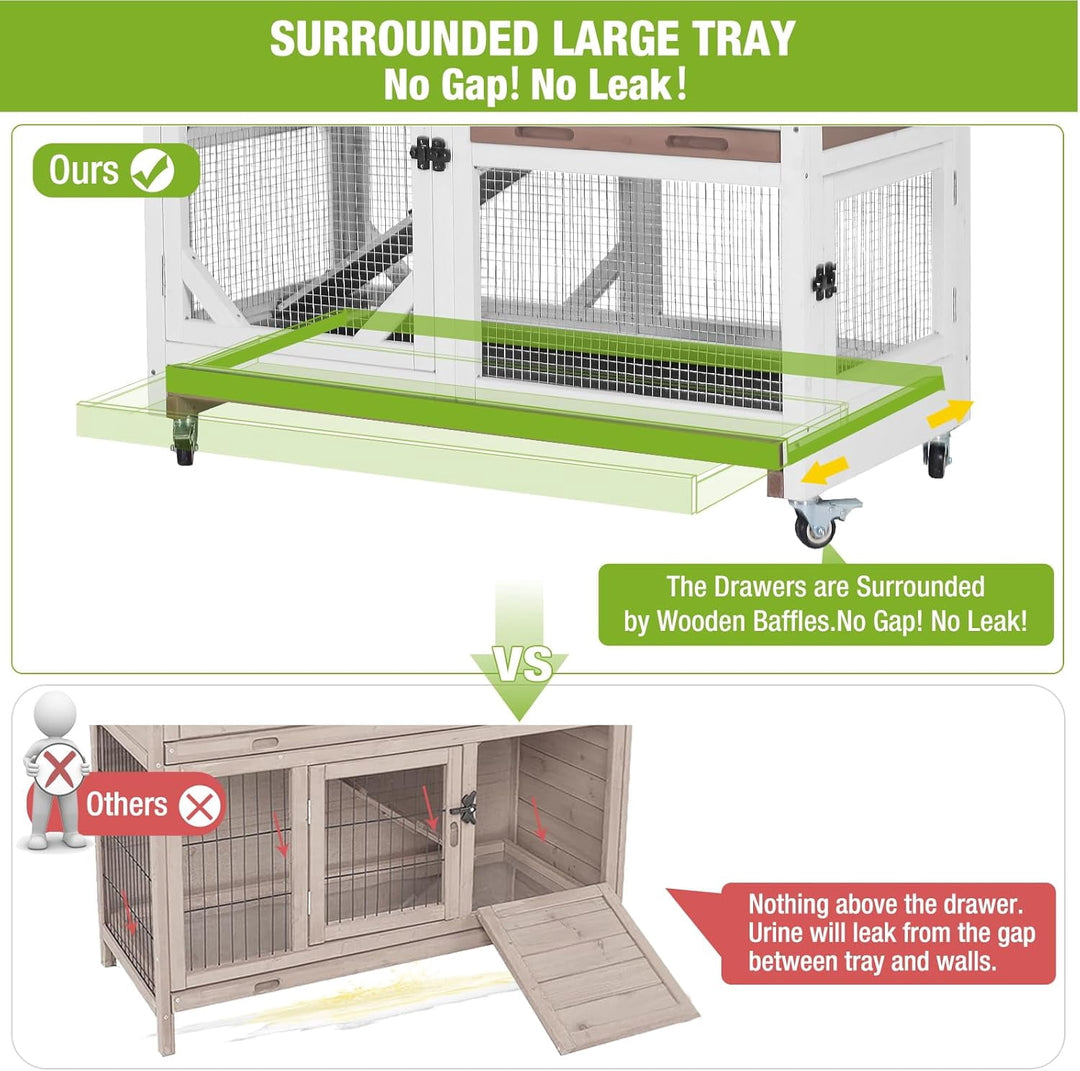 2-Story Rabbit Hutch Bunny Cage with Leak-Proof Trays &amp; Chew-Proof Ramp - Indoor/Outdoor 39.3" Wooden Rabbit Cage with Wheels (Brown)