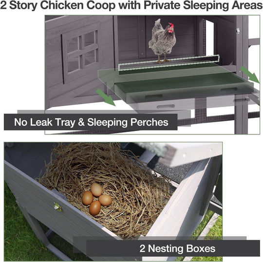 MEDEHOO Mobile Chicken Coop with Wheels, Outdoor Hen House with Leak-Proof Tray, UV-Resistant Roof &amp; Nesting Box for Chickens, Ducks, Rabbits (Grey)
