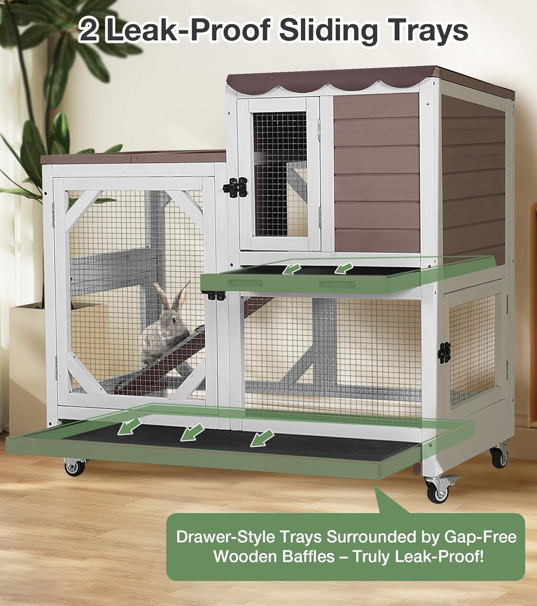 MEDEHOO Rabbit Hutch 2-Story Wooden Bunny Cage with 2 Leak-Proof Sliding Trays, Chew-Proof Metal Mesh, Rainproof Cover, Indoor &amp; Outdoor Guinea Pig House with Wheels - Brown AIR7013-B-AD-WM-WM