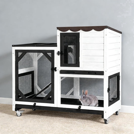 2-Story Rabbit Hutch Bunny Cage with Leak-Proof Trays &amp; Chew-Proof Ramp - Indoor/Outdoor 39.3" Wooden Rabbit Cage with Wheels (Black)