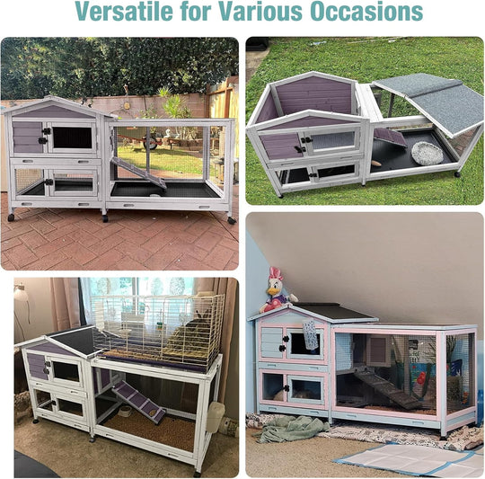 BUTINGLALE 62" Rabbit Hutch with Chew-Proof Ramp &amp; Waterproof Roof - Indoor/Outdoor Bunny Cage, 2-Story Design, 6 Lockable Caster Wheels &amp; Dual Pull-Out Trays (Grey) RH-AIR19-MA