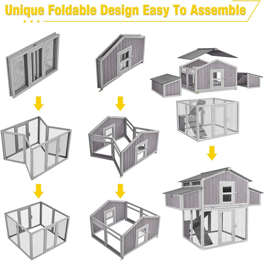 MEDEHOO Foldable Chicken Coop Fast Assembly Large Outdoor Hen House 69.8" L for 4-6 Chickens with Four Nesting Box, Three Perches AIR66-N1-WM