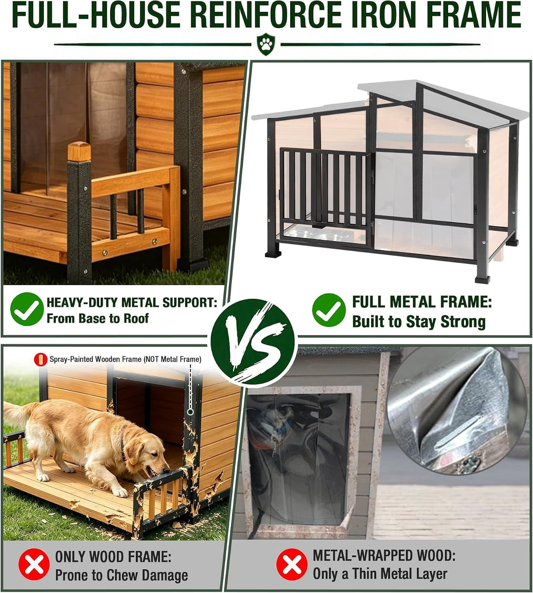 MEDEHOO Heated Dog House with Heating Pad &amp; Anti-Chewing Metal Frame, Insulated Wooden Dog Kennel with Unique Design Roof, Weatherproof Dog House for Indoor &amp; Outdoor Use