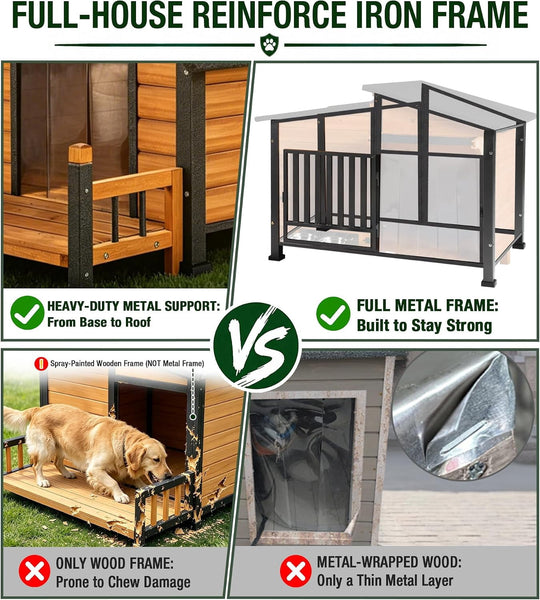 MEDEHOO Heated Dog House with Heating Pad &amp; Anti-Chewing Metal Frame, Insulated Wooden Dog Kennel with Unique Design Roof, Weatherproof Dog House for Indoor &amp; Outdoor Use