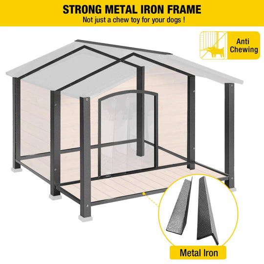 MEDEHOO Anti-Chewing Outdoor Dog House with Iron Frame, 41.4"D Weatherproof Wooden Dog Kennels with Large Porch for Outdoor &amp; Indoor, Brown