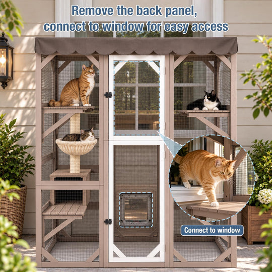 MEDEHOO Cat Catio Outdoor Cat House Movable Large Enclosures on Exercise Wheels Kitty Cage with Upgraded Resting Box,Waterproof Cover Camel AIR37-M-C-ML-WM