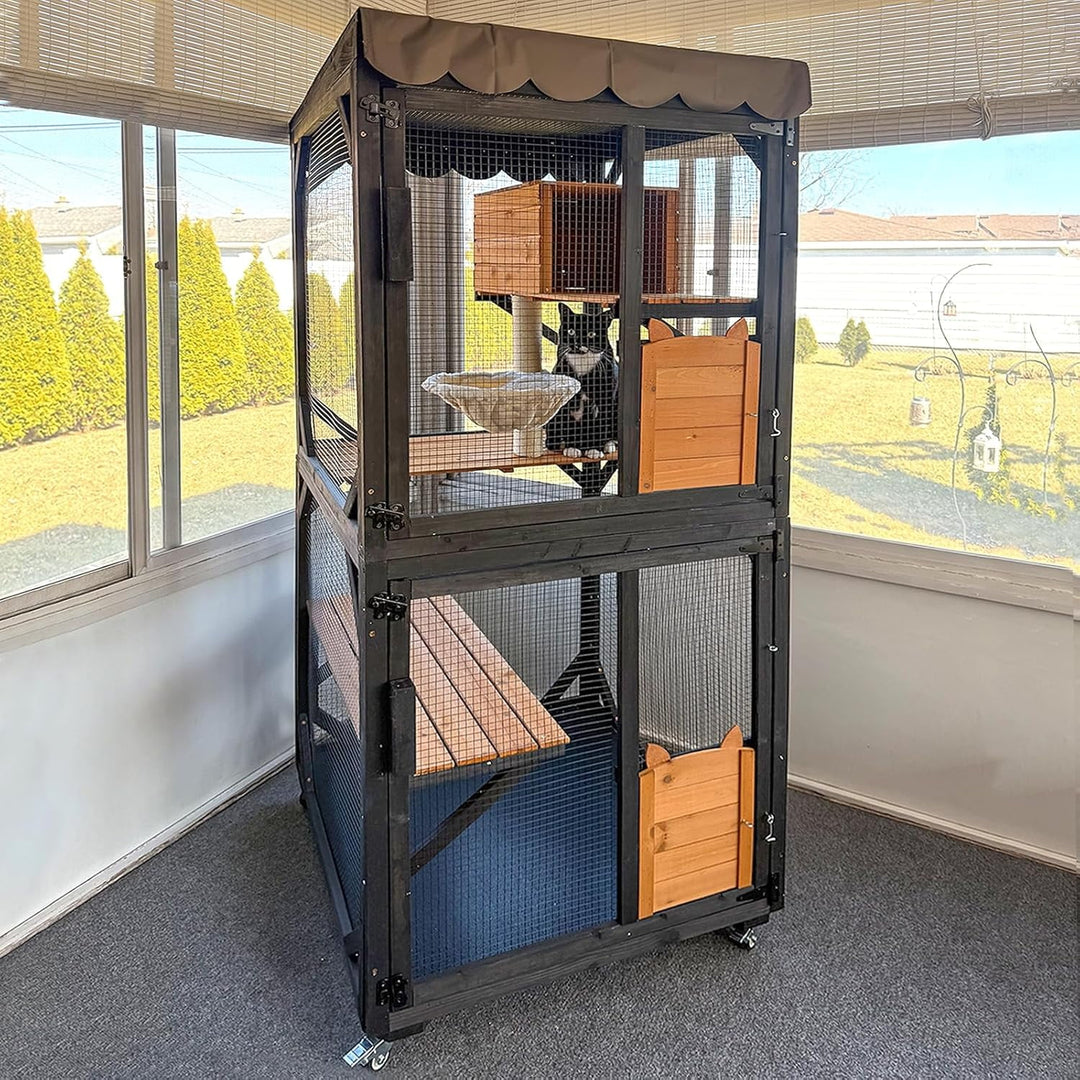 MEDEHOO Outdoor Catio Cat Enclosures on Wheels Cat House 70.9" Large Cat Condon House with Upgraded Resting Box,Waterproof Roof Cover,Brown