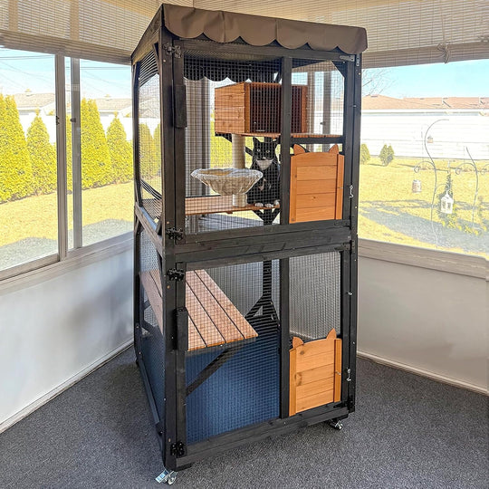 MEDEHOO Outdoor Catio Cat Enclosures on Wheels Cat House 70.9" Large Cat Condon House with Upgraded Resting Box,Waterproof Roof Cover,Brown