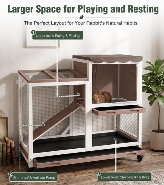 MEDEHOO 39" 2-Story Rabbit Hutch, Wooden Bunny Cage with Chew-Proof Ramp, 2 Leak-Proof Pull-Out Trays and Lockable Wheels for Guinea Pigs &amp; Small Pets, Brown AIR7013-MI-WM