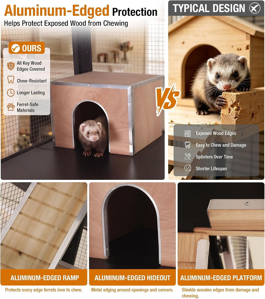 MEDEHOO 63“H Extra Large 4-Story Ferret Cage with Wheels Brown Aluminum alloy frame with wire mesh, PVC-coated levels, 2 ramps, 2 hideouts, deep slide-out tray and locking wheels AIR56-B-2-AD-WM