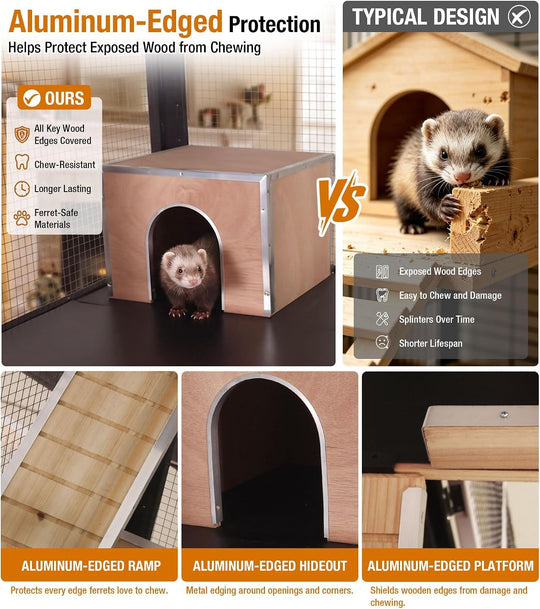 MEDEHOO 63“H Extra Large 4-Story Ferret Cage with Wheels Brown Aluminum alloy frame with wire mesh, PVC-coated levels, 2 ramps, 2 hideouts, deep slide-out tray and locking wheels AIR56-B-2-AD-WM
