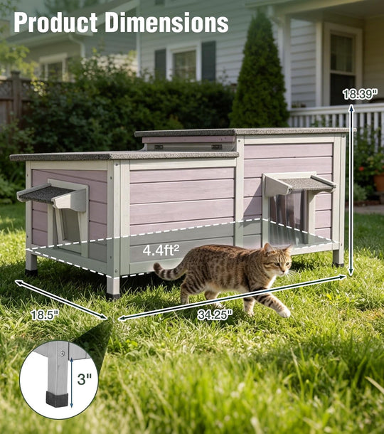 MEDEHOO Outdoor Cat House Weatherproof 2-Room Cat Shelter 34" L Large Outside Cat House with Asphalt roof, PVC Curtain and 2 Entrances for 2-3 Cats
