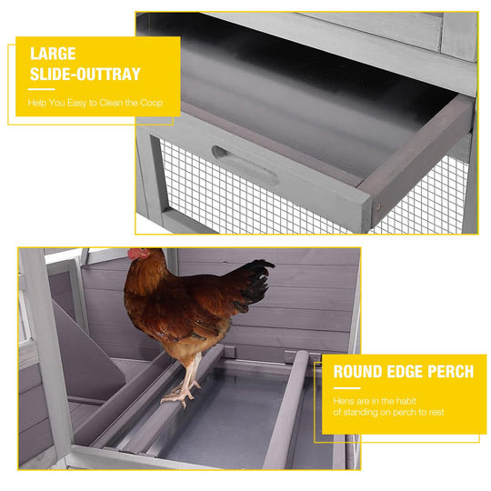 MEDEHOO 78in Large Chicken Coop with Wheels &amp; Removable Leakproof Tray, Outdoor Wooden Poultry House with Waterproof Roof, Nesting Box, Ramp and Run (Grey)