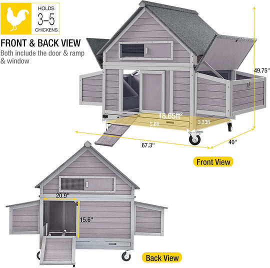 MEDEHOO Chicken Coop on Wheels Movable Hen House with Two Nesting Boxes, Large Poultry Cage Outdoor Duck Cage AIR677-WM
