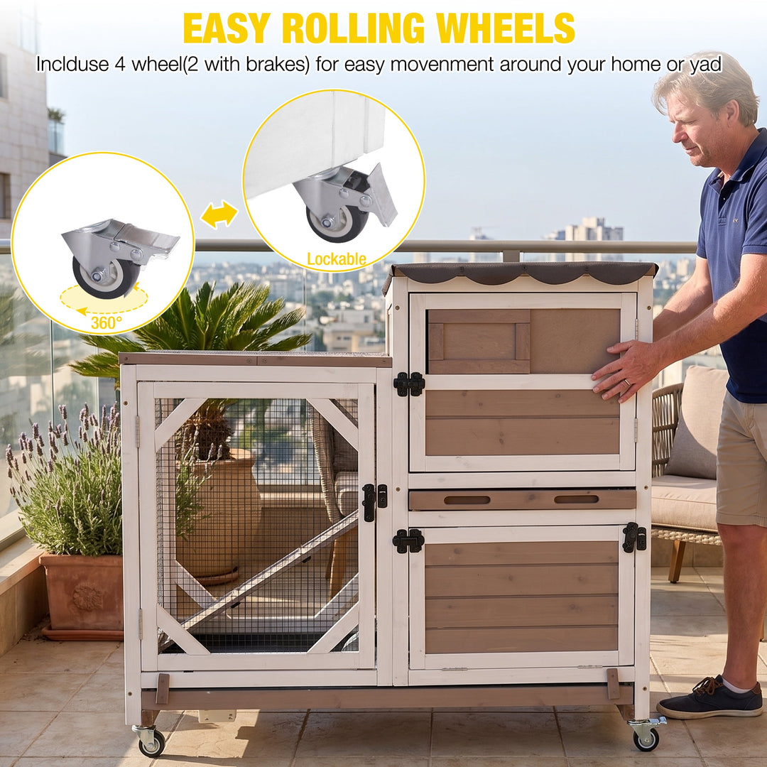 MEDEHOO Rabbit Cage Indoor Outdoor Bunny Hutch on Wheels, 2 Story Wood Guinea Pig Cages with 2 Deeper Pull Out Trays AIR7013-PD