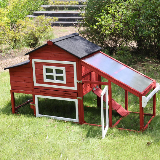 BUTINGLALE Outdoor Mobile Chicken Coop with Wheels Hen House with Nesting Box Wooden Bunny Cage Large Duck House with Run UV Roof Rabbit Hutch(Red) AIR23-R-N