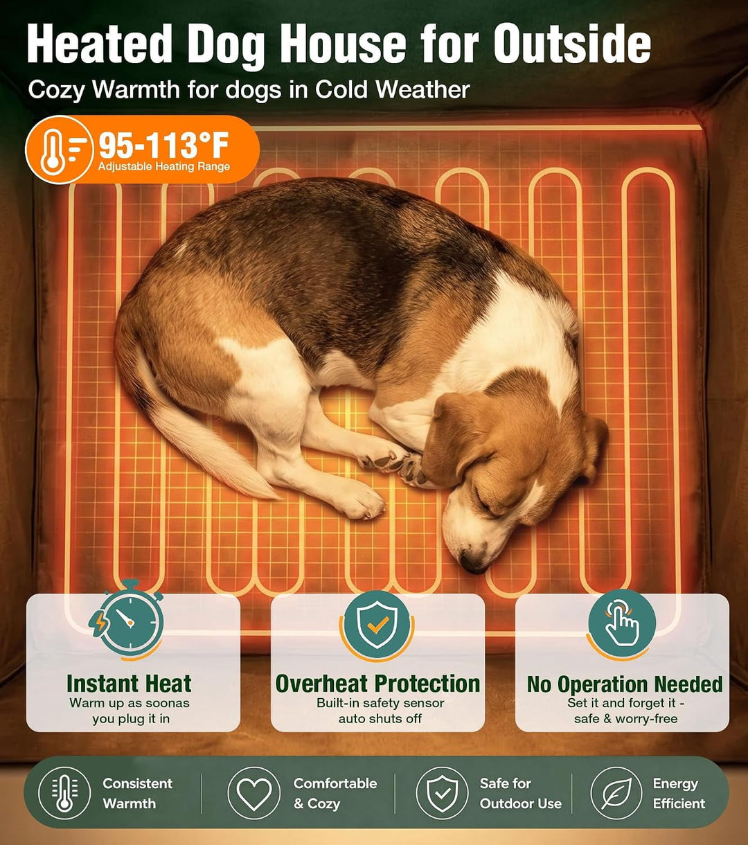 MEDEHOO Heated Dog House Outdoor with Iron Frame and Rotating Bowls Brown reinforced iron frame, safety heating pad, insulated liner, 360° rotating bowls, asphlat waterproof roof, PVC curtain
