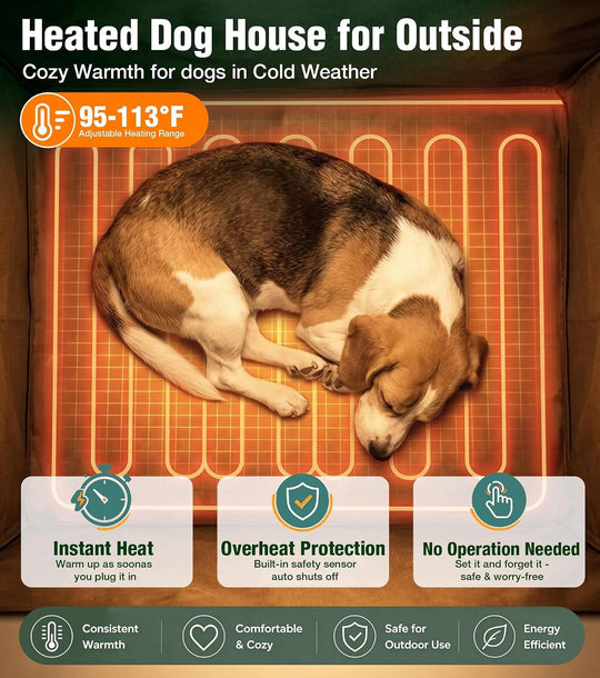 MEDEHOO Heated Dog House Outdoor with Iron Frame and Rotating Bowls Brown reinforced iron frame, safety heating pad, insulated liner, 360° rotating bowls, asphlat waterproof roof, PVC curtain