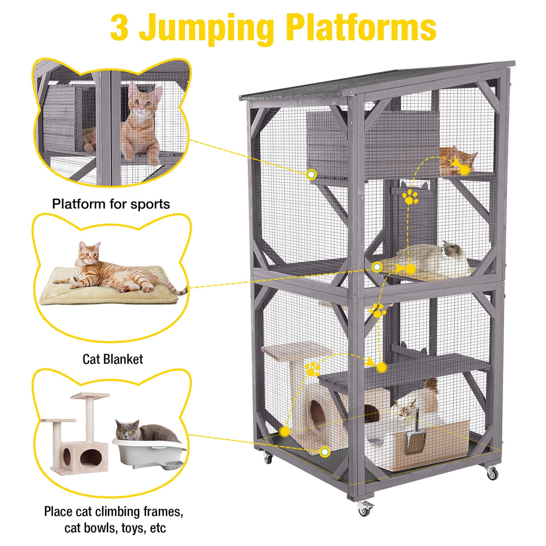 MEDEHOO Catio Outdoor Cat Enclosure with Wheels, Scratching Post, Resting Box and Waterproof Roof for Patio or Garden, 31.5"L x 31.5"W x 70.9"H AIR22-A11-WM