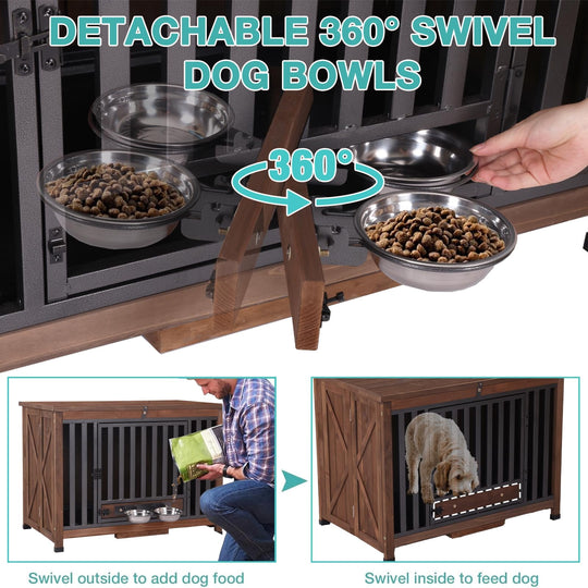 MEDEHOO Foldable Dog Crate – Indoor Kennel with Pull-Out Tray &amp; 2 Bowls, Wooden End Table for Medium Breeds (Brown) AIR100-B-A12-WM
