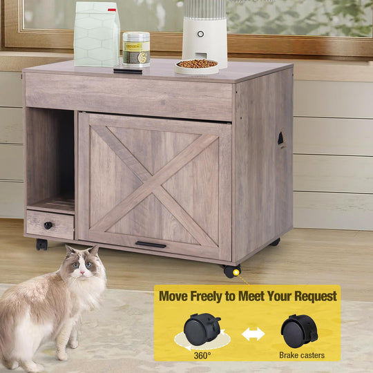 MEDEHOO Cat Litter Box Enclosure Cabinet,Flip Top Hidden Litter Box Furniture,Indoor Wooden Covered Cat House with Drawer,Wheels