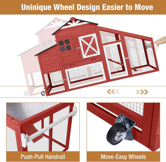 MEDEHOO 73.4" Large Chicken Coop with Wheels for Outdoor, Mobile Chicken House with Nest Box &amp; Removable Tray for 2-5 Chickens, Weatherproof Poultry Cage, Red SKY32-R-WM