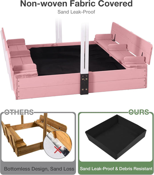 MEDEHOO Sandbox with Lid and Cover, Outdoor Sand Box for Kids with 360° Adjustable Canopy, 2 Foldable Bench Seats &amp; Sand Leak-Proof Liner GUT05-P-4-AD-WM