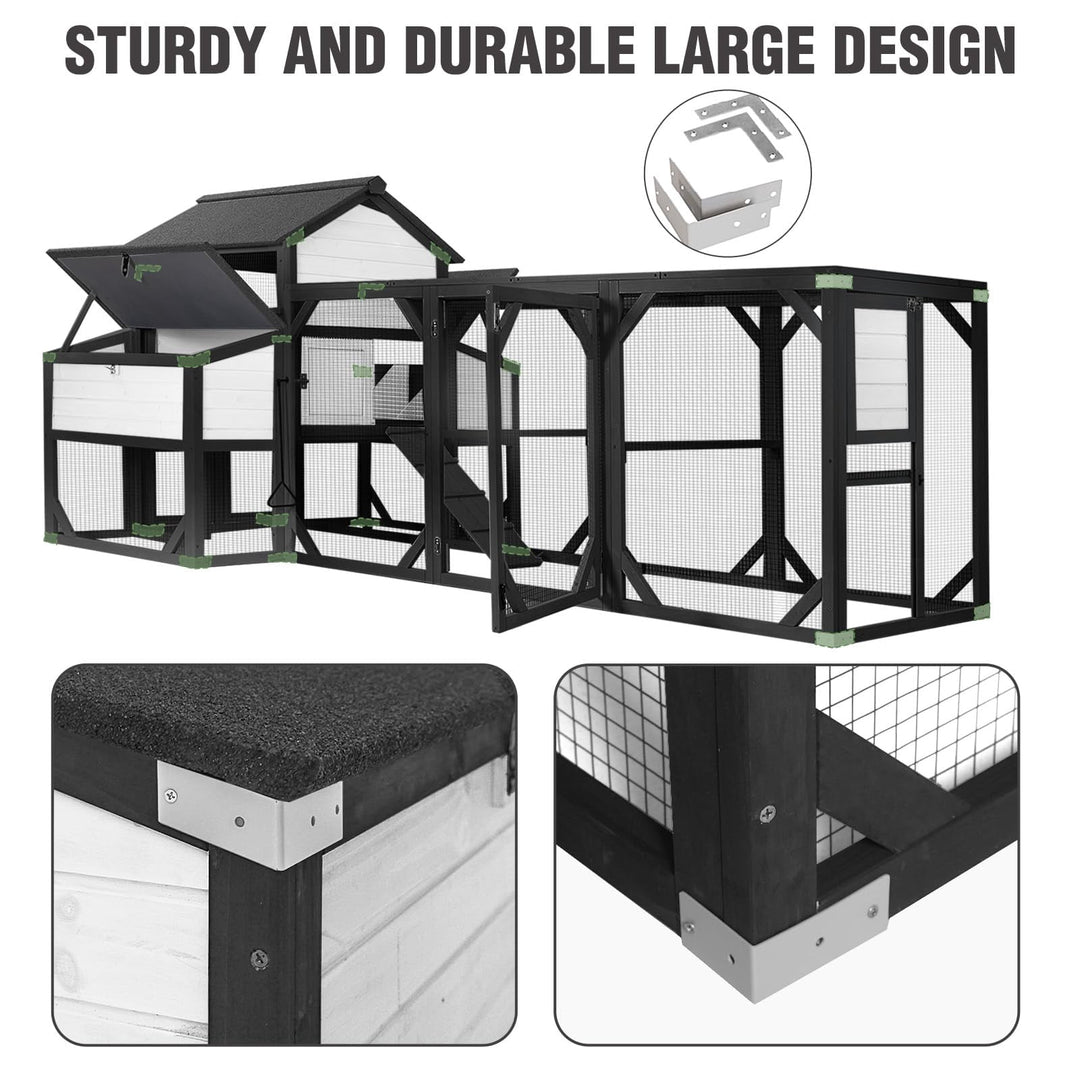MEDEHOO 118" Large Chicken Coop with Run, 6 Nesting Boxes &amp; Removable Tray for 4-6 Chickens Outdoor, 41.3ft² Wooden Chicken House Poultry Cage with Weatherproof Roof, Black &amp; White AIR46-km-M-B-WM