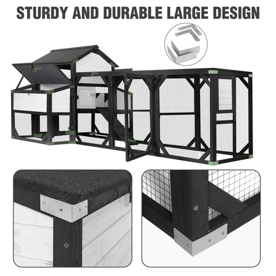 MEDEHOO 118" Large Chicken Coop with Run, 6 Nesting Boxes &amp; Removable Tray for 4-6 Chickens Outdoor, 41.3ft² Wooden Chicken House Poultry Cage with Weatherproof Roof, Black &amp; White AIR46-km-M-B-WM