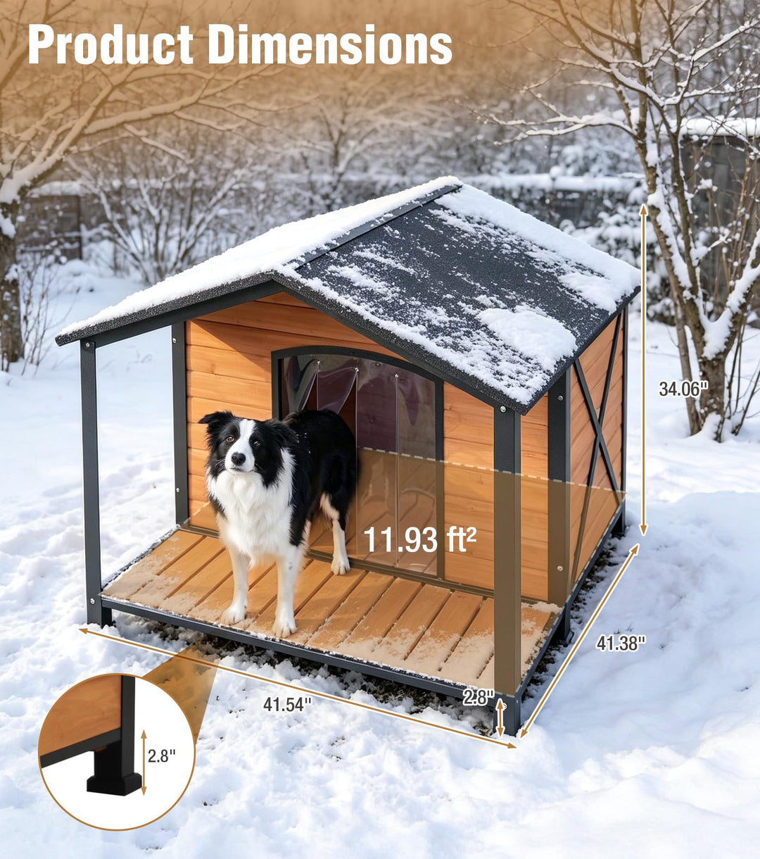 MEDEHOO Extra Large Heated Dog House Outside with Full Iron Frame and Covered Porch Reinforced Outdoor Dog Kennel with Asphlat Roof PVC curtain for Medium to Large Breed AIR89-IN-HP-AD-4-WM