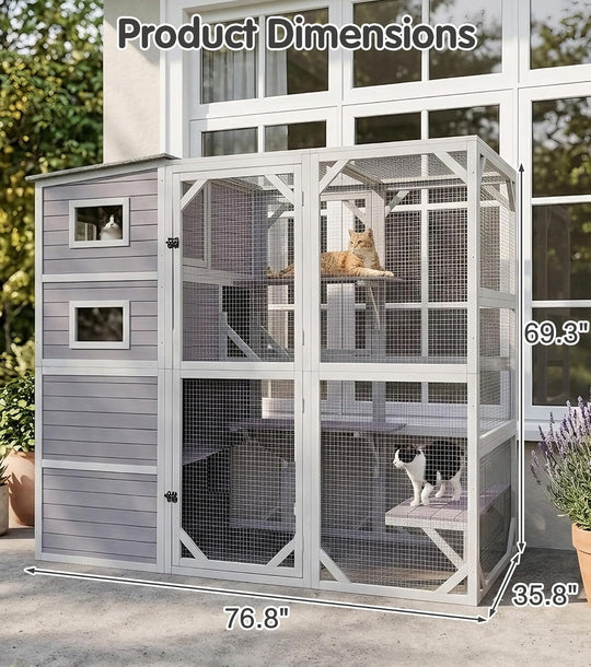 77" Large Catio Outdoor Cat Enclosure, 4 Tiers Cat House for Outdoor Indoor with Weatherproof Roof, 3 Resting Rooms, 3 Platforms, 5 Windows, Gray