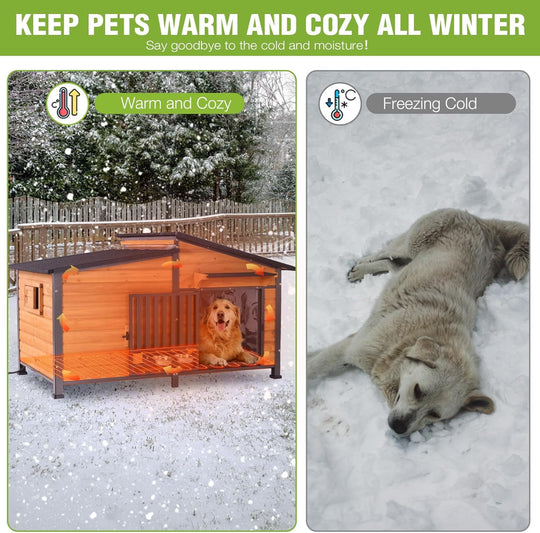 MEDEHOO Extra Large Heated Dog House Insulated Dog Kennel Weatherproof Dog Shelter with Safe Heating Pad, Chew-Proof Metal Frame, Rotatable Spill-Proof Bowl for Large Dog Breeds, 60"L x 36"W x35.4"