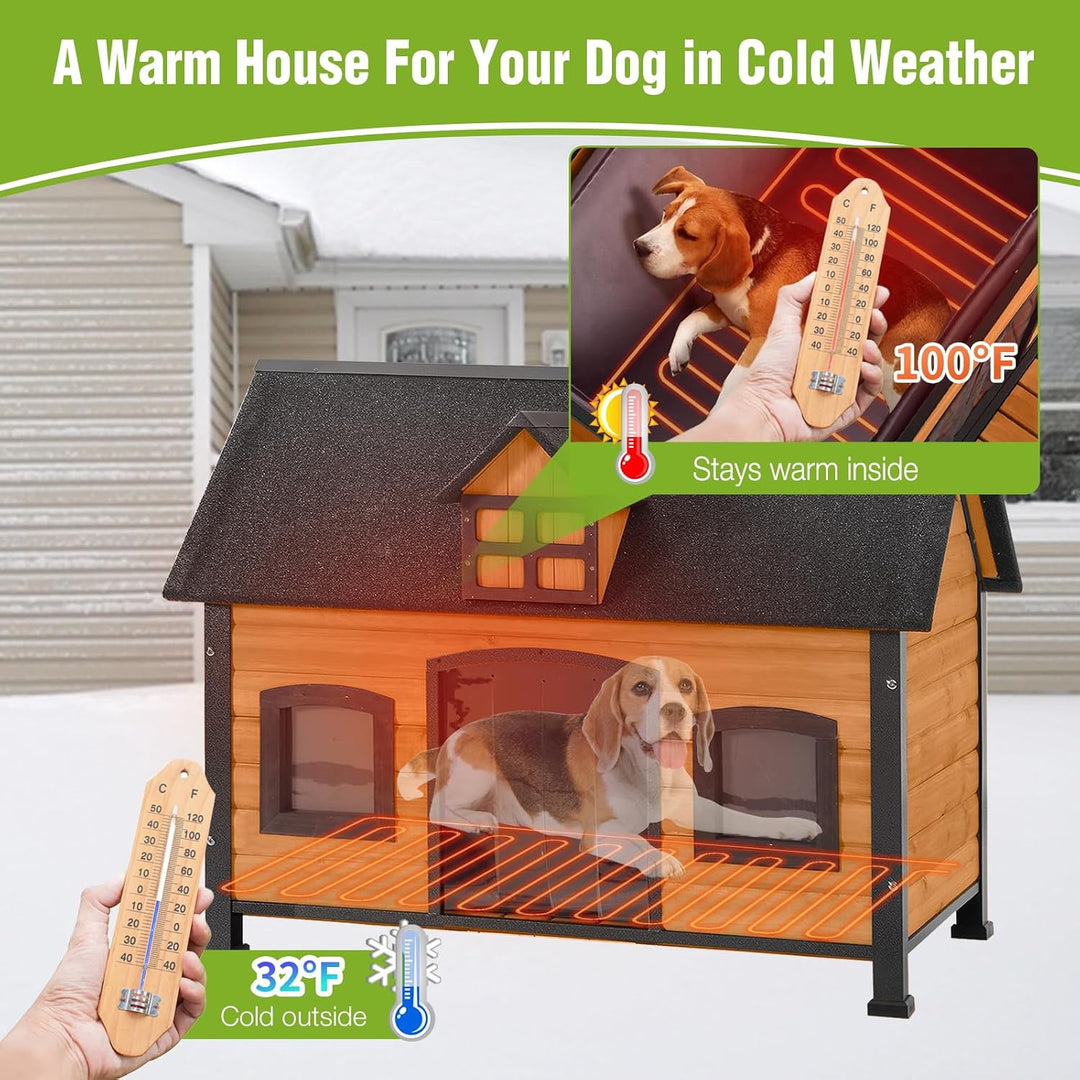 MEDEHOO Large Heated Dog House with Chew-Proof Metal Frame Safe Heating Pad, 6-Sided Thermal Liner, for Outdoor Use AIR90-IN-HP-WM
