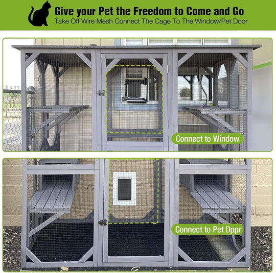 MEDEHOO Catio Outdoor Cat Enclosure Large Walk in Window Cat House for Mulitiple Cats with 7 Platforms and 2 Resting Box,Asphalt Roof,70 inch