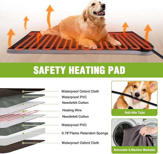 MEDEHOO Heated Dog House Outdoor with Heating Pad and Insulated Liner, Wooden Dog Kennel with Anti-Chewing Metal Frame, Weatherproof Dog Shelter with Bowls for Outdoor or Indoor Use (Light Brown)