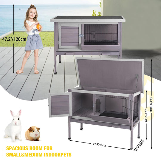 MEDEHOO Rabbit Hutch, Wooden Bunny Cages Indoor with Deeper Leakproof Tray - Upgrade with Metal Wire Pan (Grey, Rabbit Hutch #001-B) Large AIR001-B-WM