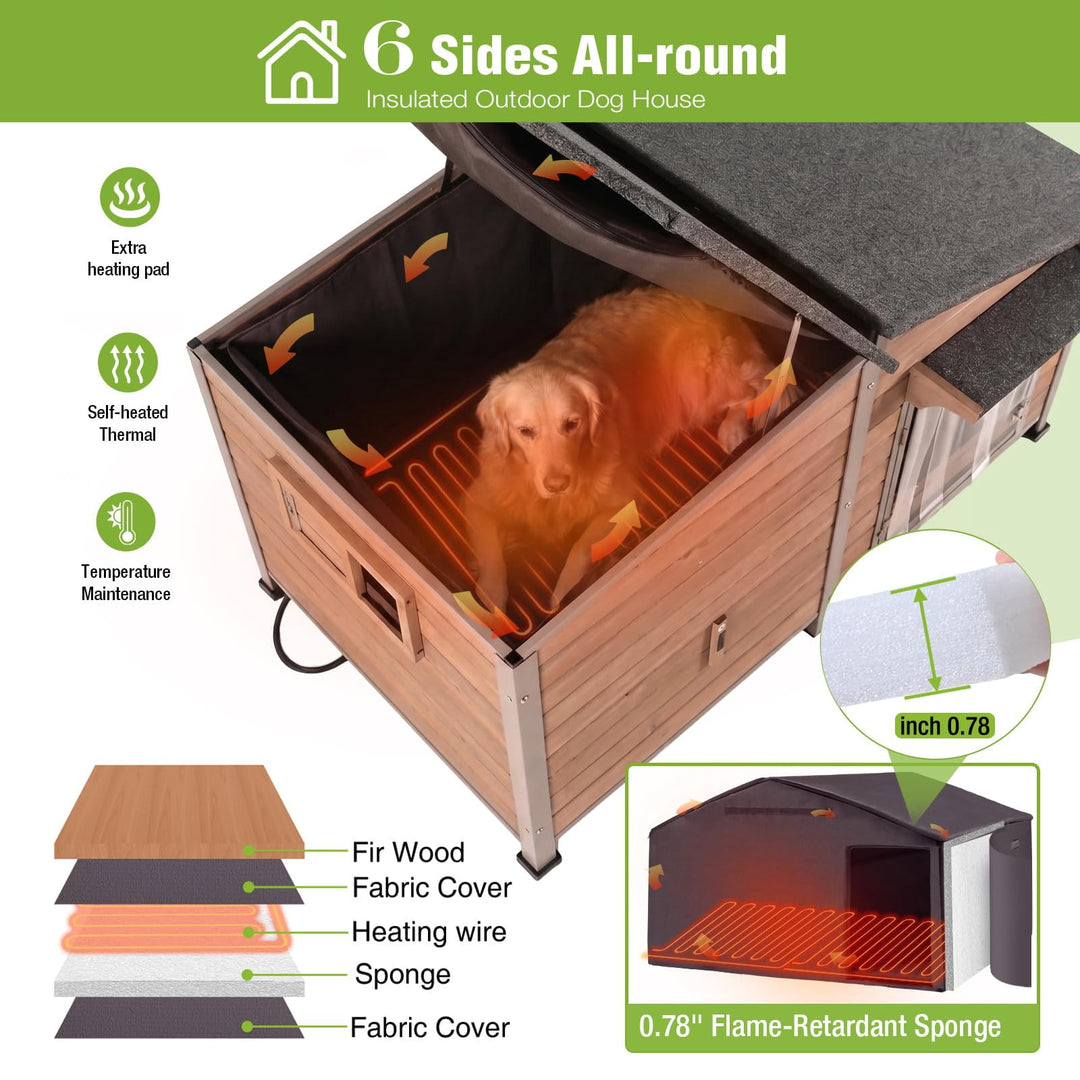 MEDEHOO Extra Large Heated Dog House Insulated Dog Shelter Weatherproof Dog Kennel with Heating Pad, Chew-Proof Metal Frame, 6-Sided Thermal Liner for Large Dog Breeds (Camel)