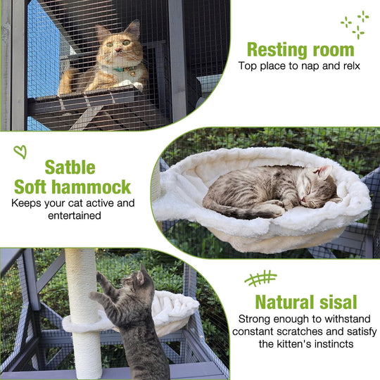 MEDEHOO Catio Outdoor Cat Enclosure Mobile Cat House Indoor On Wheels with Scratch Post, Hammock, Resting Box, Platform, Tarp Roof 62.8", Grey
