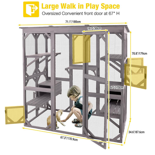MEDEHOO Cat House Outdoor Catio Kitty Enclosure with Super Large Enter Door,Wooden Cat Cage Condo Indoor Playpen with Platforms, 71 Inch