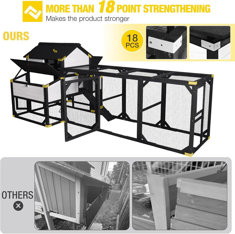 MEDEHOO Extra Large Chicken Coop for 8-10 Chickens, Reinforced Structure Outdoor Wooden Chicken House with 6 Nesting Boxes, Extended Run, Waterproof Roof, Iron Edge, Black, 118" L x 26" W x 50" H NAIR46-M-B-WM