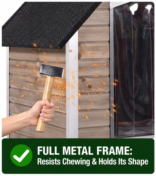 MEDEHOO Heated Dog House Outdoor Dog Wooden Kennel with Safe Heated Pad, Chew-Proof Metal Frame and Insulated Liner Dark Brown AIR7024-B-HP-N-WM