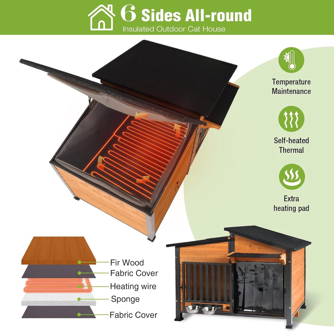 MEDEHOO Large Heated Dog House Outdoor Insulated Dog Kennel Weatherproof with Safe Heating Pad, Chew-Proof Metal Frame, Rotatable Spill-Proof Bowl for Large Dog Breeds, 39.7" L x 25.5" W x32.2 H