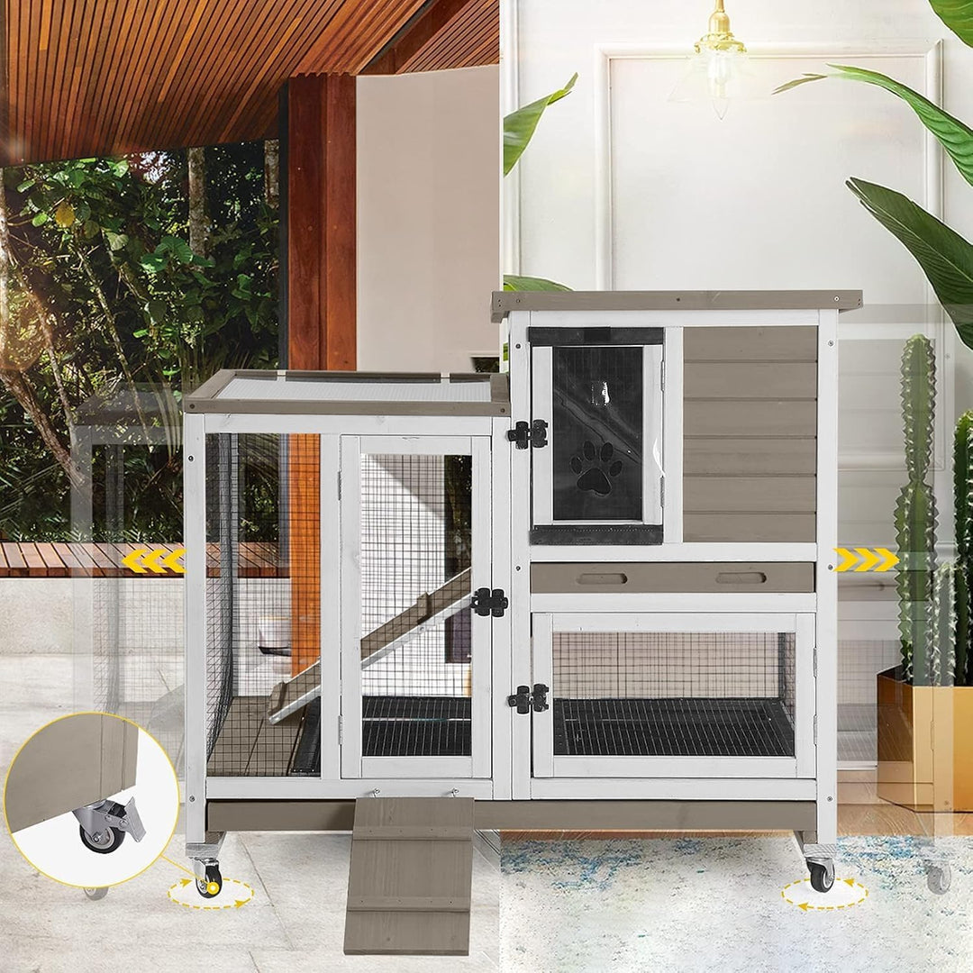 MEDEHOO Indoor Outdoor Rabbit Hutch, Bunny Cage on Wheels with 2 Deep No Leakage Pull Out Trays (Mocha Color) AIR36-U-WM