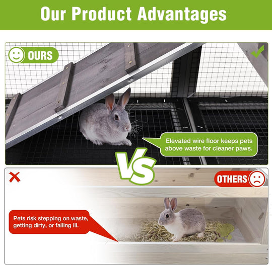 MEDEHOO 2-Story Rabbit Hutch Indoor with Chew-Proof Ramp &amp; Slide-Out Plastic Trays - Wooden Small Animal Cage Guinea Pig Cages with Wheels for 2-4 Rabbits, Bunnies, and Guinea Pigs (Grey) AIR10-G-MA-WM