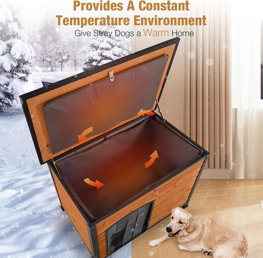 43.3" Large Wooden Dog House with Insulated Liner Outdoor Puppy Shelter Anti-Bite Iron Frame-Brown
