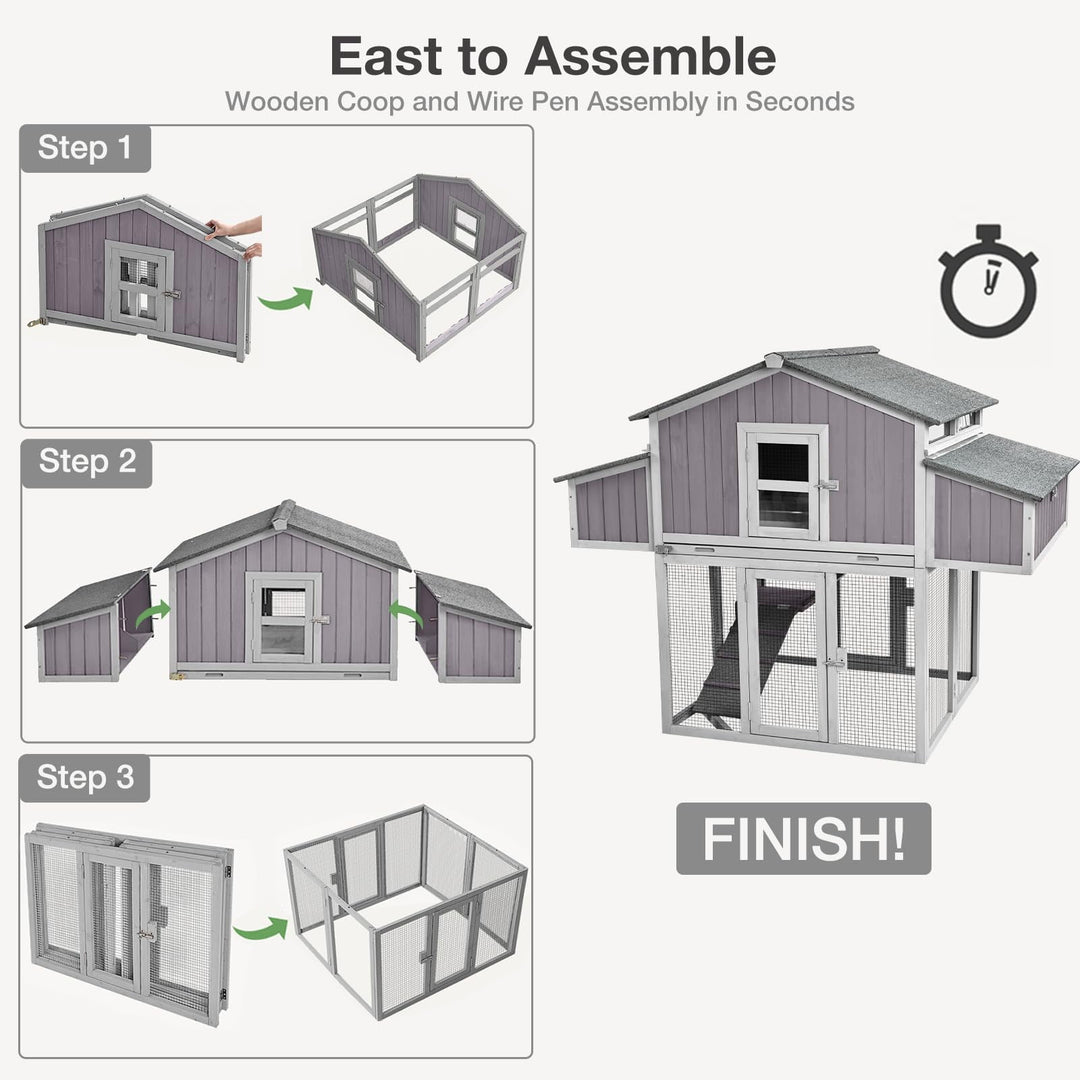 MEDEHOO Large Chicken Coop, Folding Chicken House for Outdoor with Two Nesting Box, Leakproof Pull-Out Tray, UV-Resistant Roof Panel, Gray MED66-WM