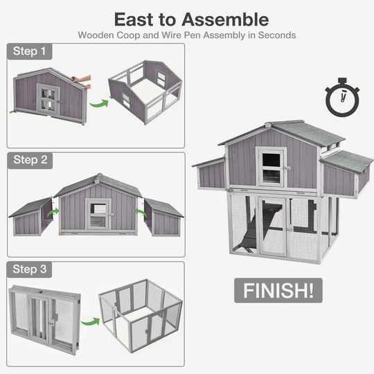 MEDEHOO Large Chicken Coop, Folding Chicken House for Outdoor with Two Nesting Box, Leakproof Pull-Out Tray, UV-Resistant Roof Panel, Gray MED66-WM