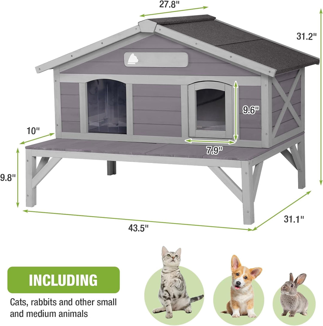MEDEHOO Outdoor Cat House, Wooden Feral Cat Shelter with Large Balcony. Weatherproof Cat House for Stray Cats Outside with Escape Doors, Indoor Kitten Condo AIR92-ML-WM