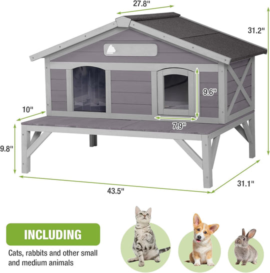MEDEHOO Outdoor Cat House, Wooden Feral Cat Shelter with Large Balcony. Weatherproof Cat House for Stray Cats Outside with Escape Doors, Indoor Kitten Condo AIR92-ML-WM